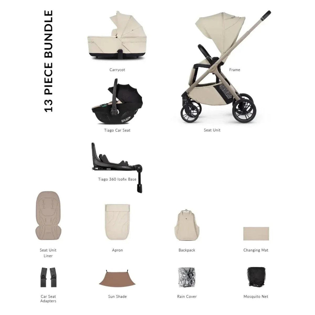 Beige 13-piece stroller bundle set with carrycot, seat unit, car seat, and accessories