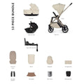Beige 13-piece stroller bundle set with carrycot, seat unit, car seat, and accessories