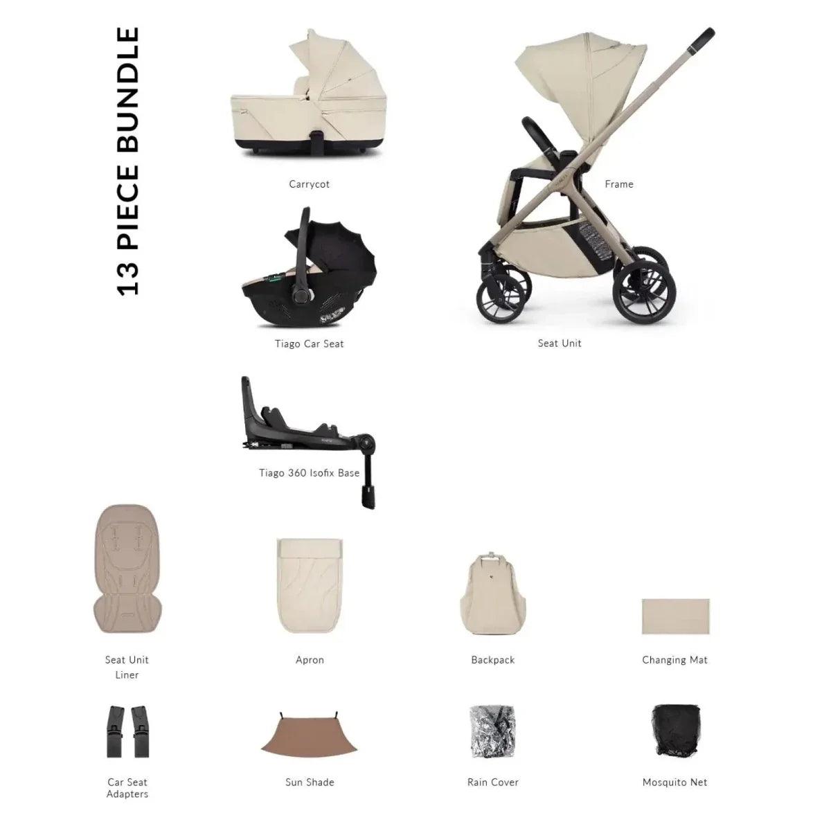 Beige 13-piece stroller bundle set with carrycot, seat unit, car seat, and accessories