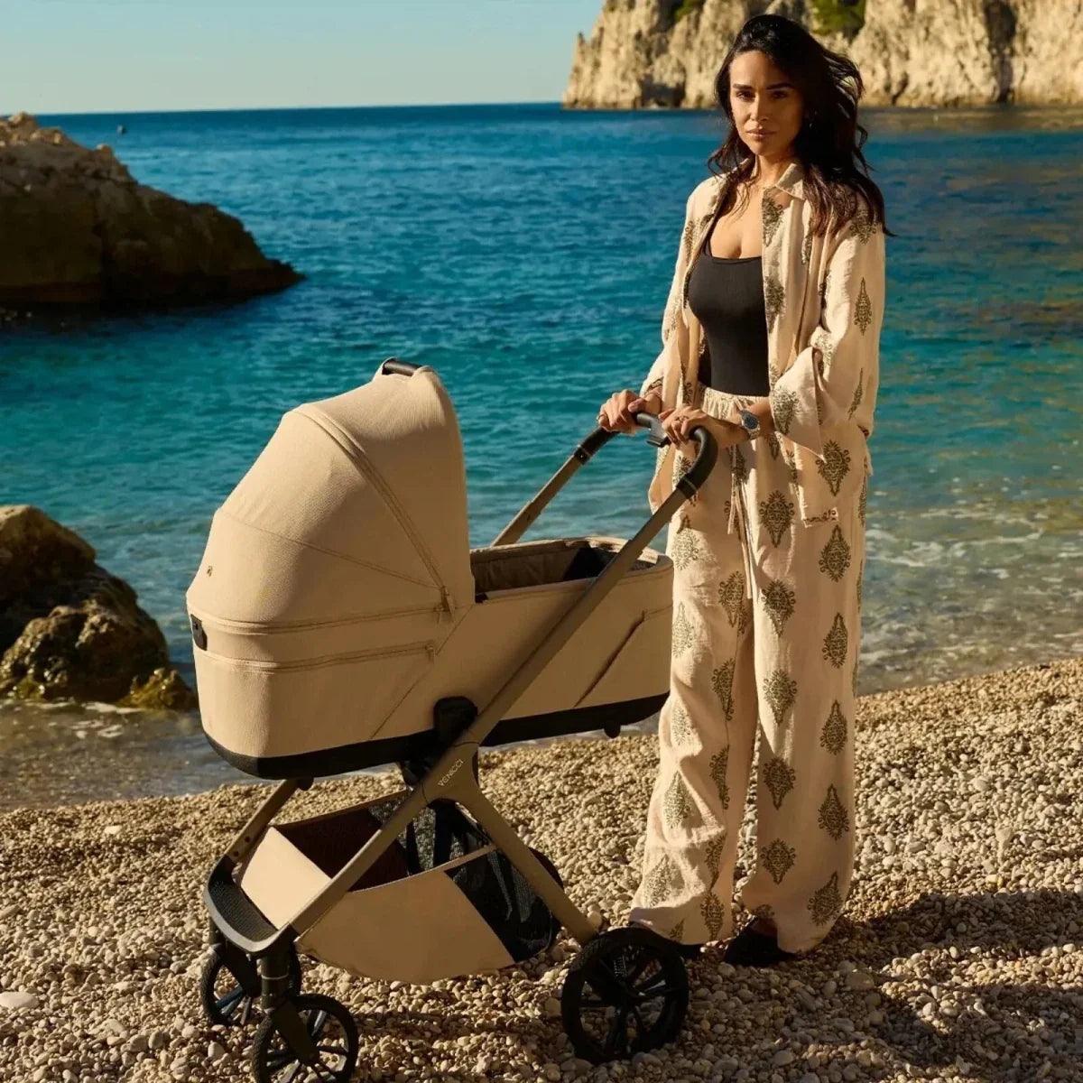 Beige stroller with canopy and fabric seat