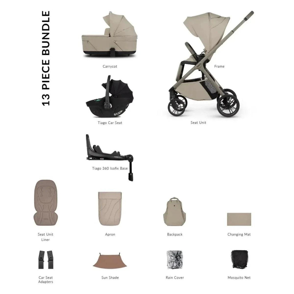4-in-1 stroller bundle with carrycot, seat unit, car seat adaptors, and accessories