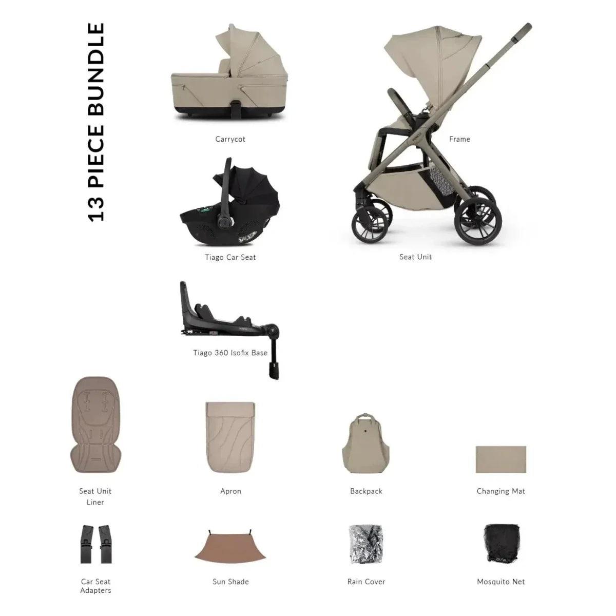 4-in-1 stroller bundle with carrycot, seat unit, car seat adaptors, and accessories