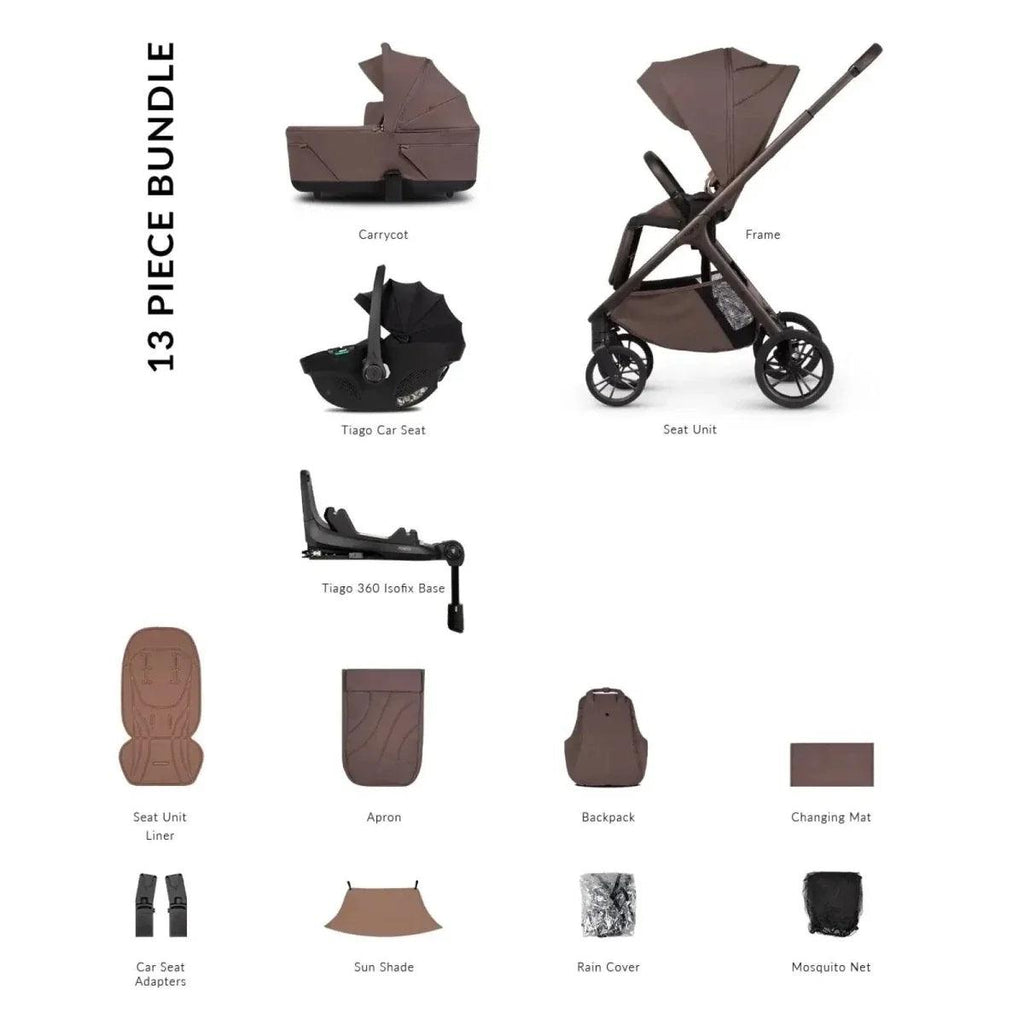 4-in-1 stroller bundle with accessories: brown carrycot, seat unit, frame, and covers