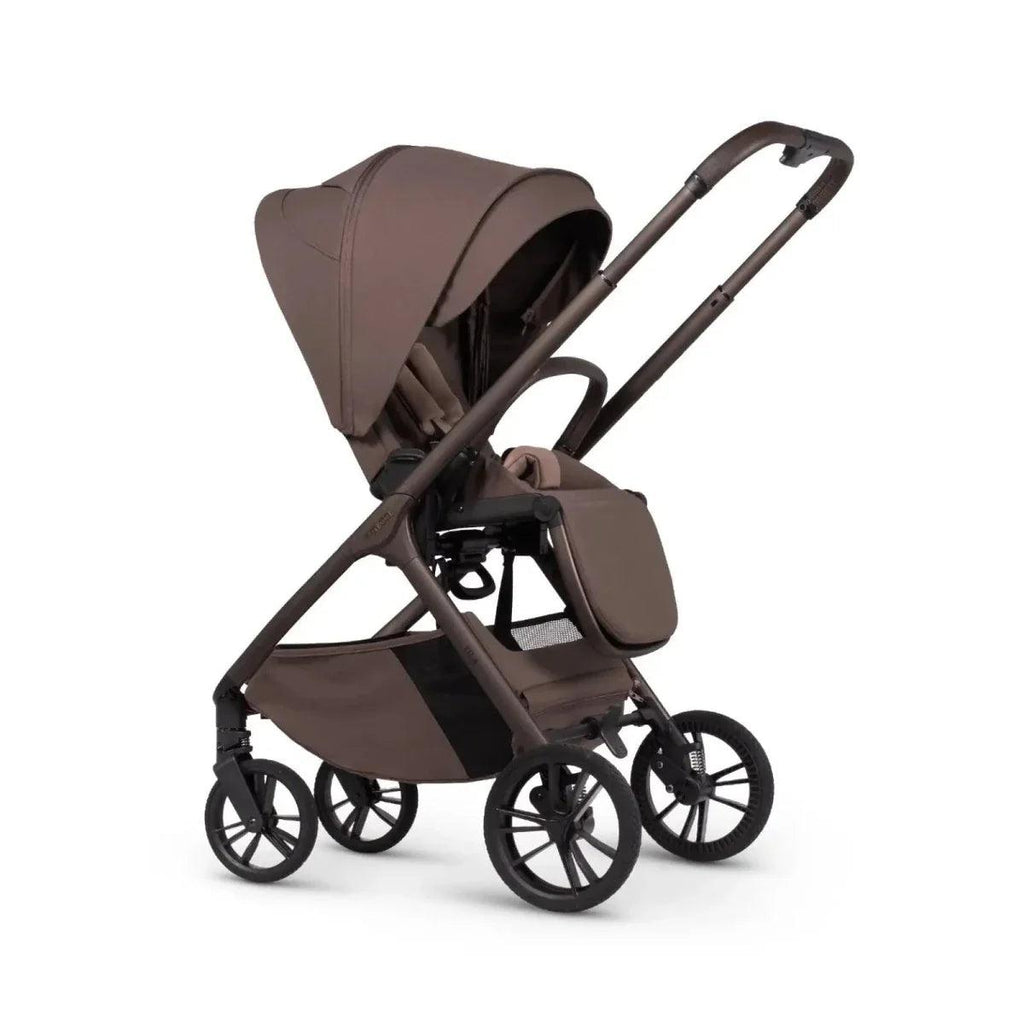 Brown stroller with seat unit and carrycot on wheels, angled side view