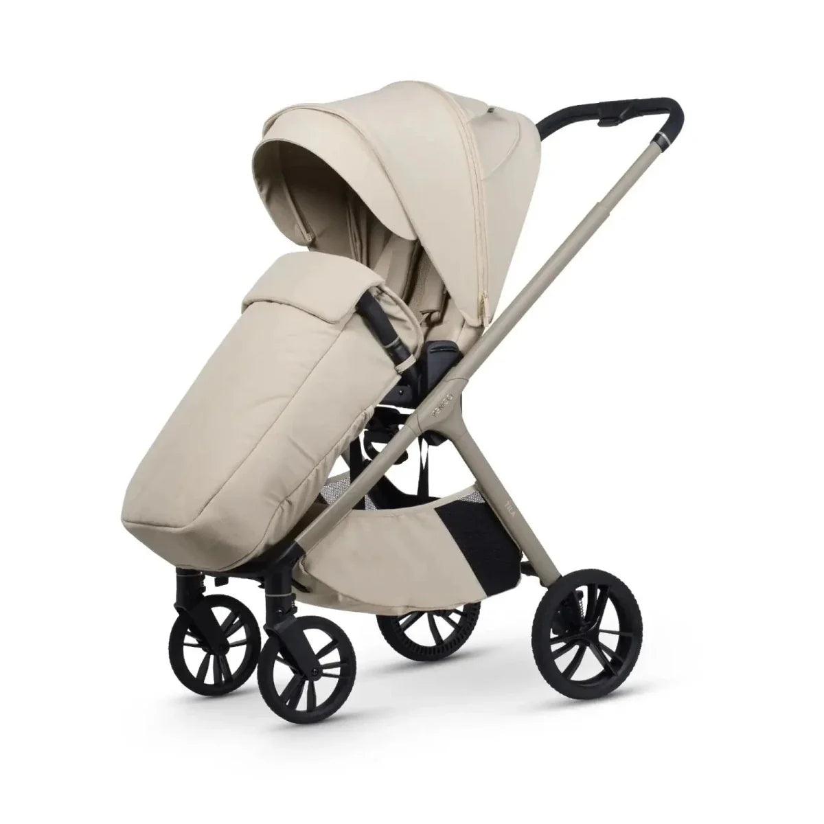 Beige stroller with black wheels and handle, side view with canopy extended