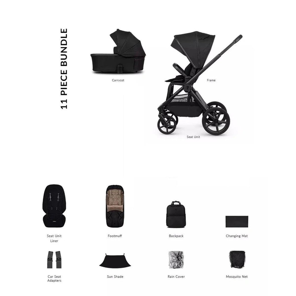 11-piece stroller accessory bundle in dark Onyx, showing stroller and add-on items