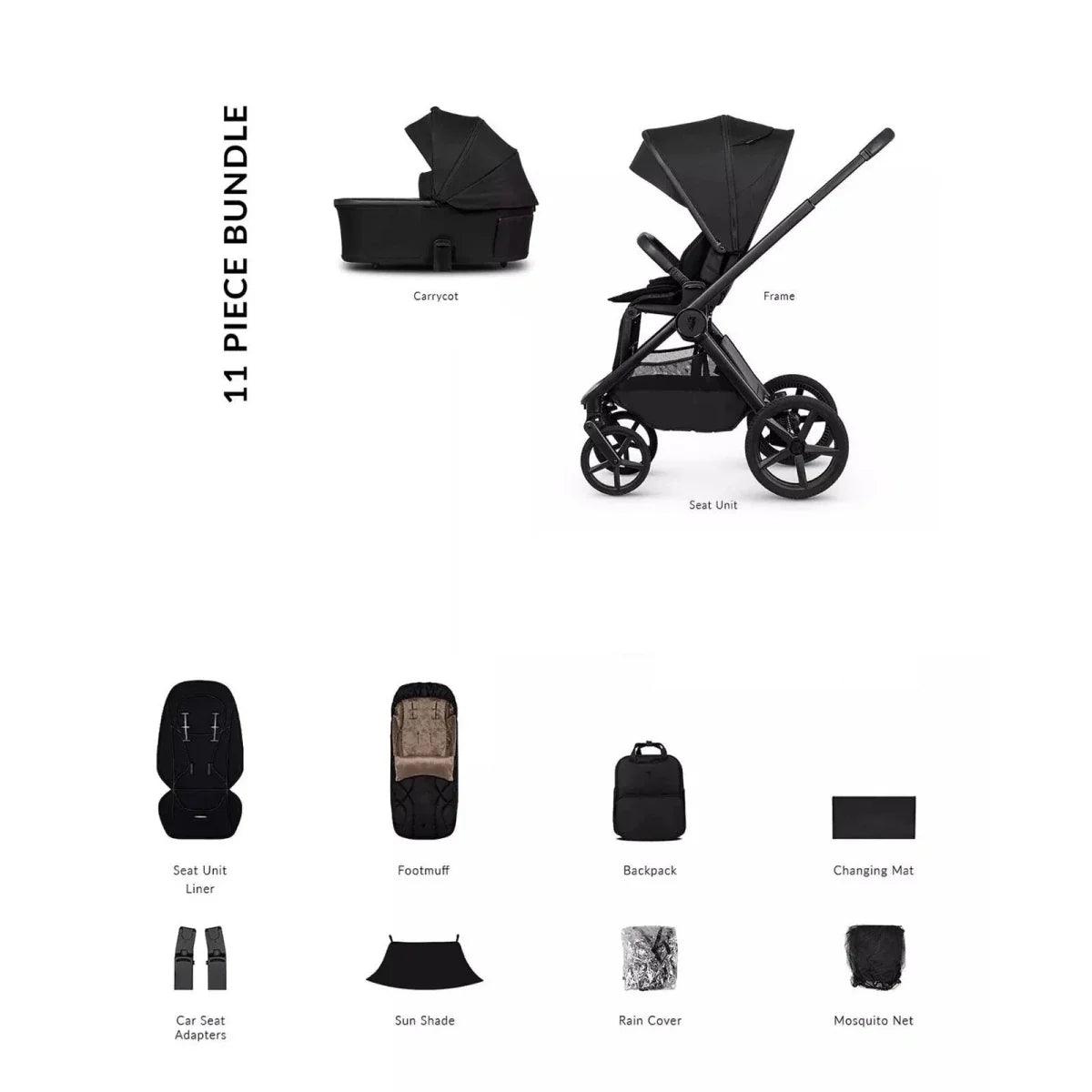 11-piece stroller accessory bundle in dark Onyx, showing stroller and add-on items