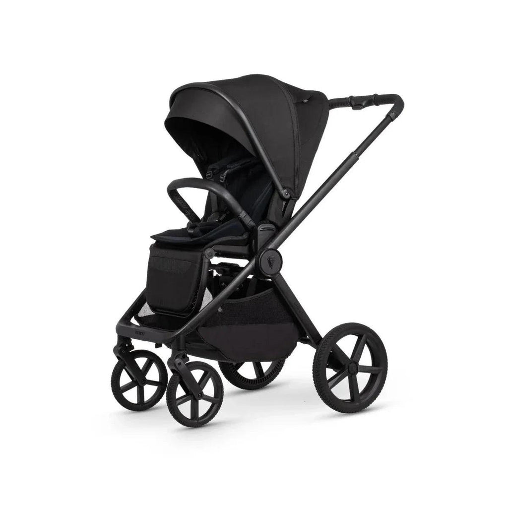 Onyx stroller with seat unit and canopy, angled view with front wheels