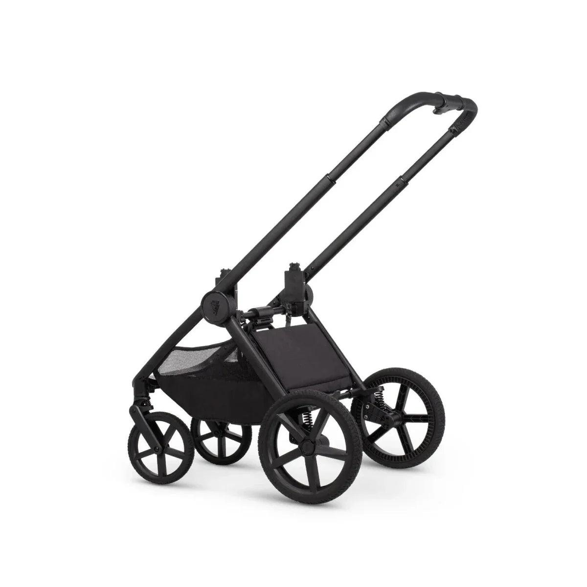 Onyx stroller chassis with seat and canopy, side view with four wheels