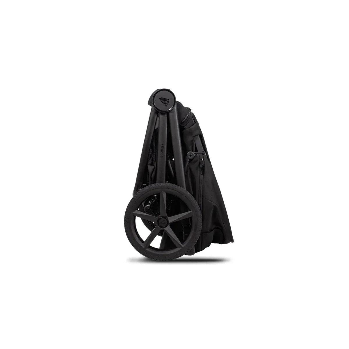 Black stroller accessory backpack with arched top handle and side panels