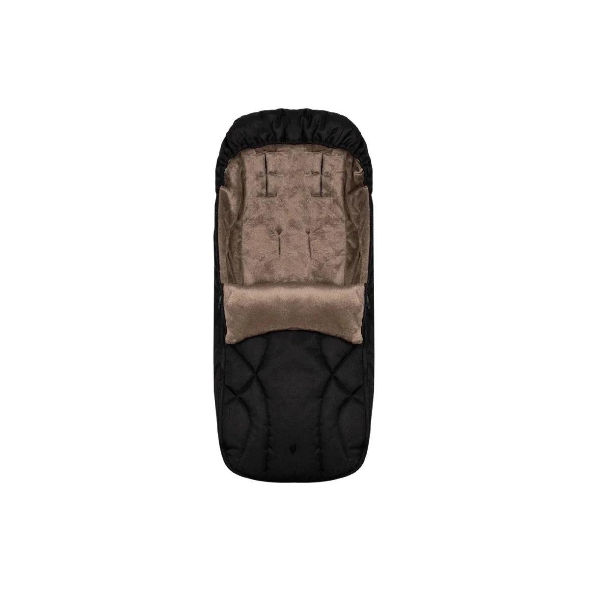 Quilted footmuff for stroller, black outer with tan padded upper panel