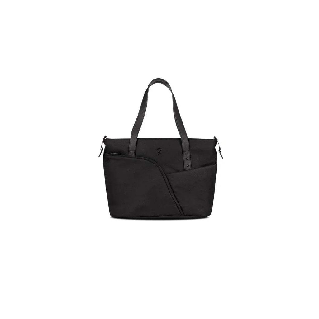 Black stroller tote bag with top handles and diagonal front pocket