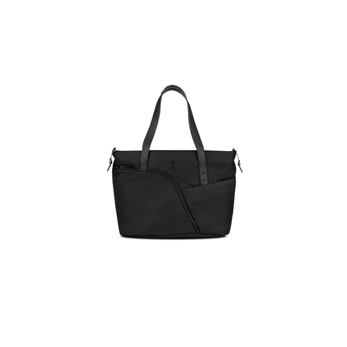 Black stroller tote bag with top handles and diagonal front pocket
