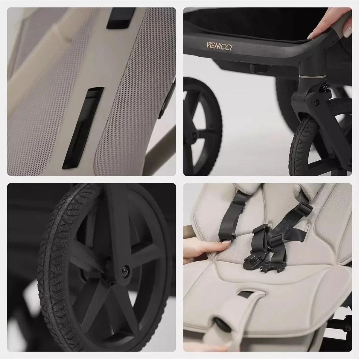 Stroller seat close-up with textured panel, harness straps, and front wheels