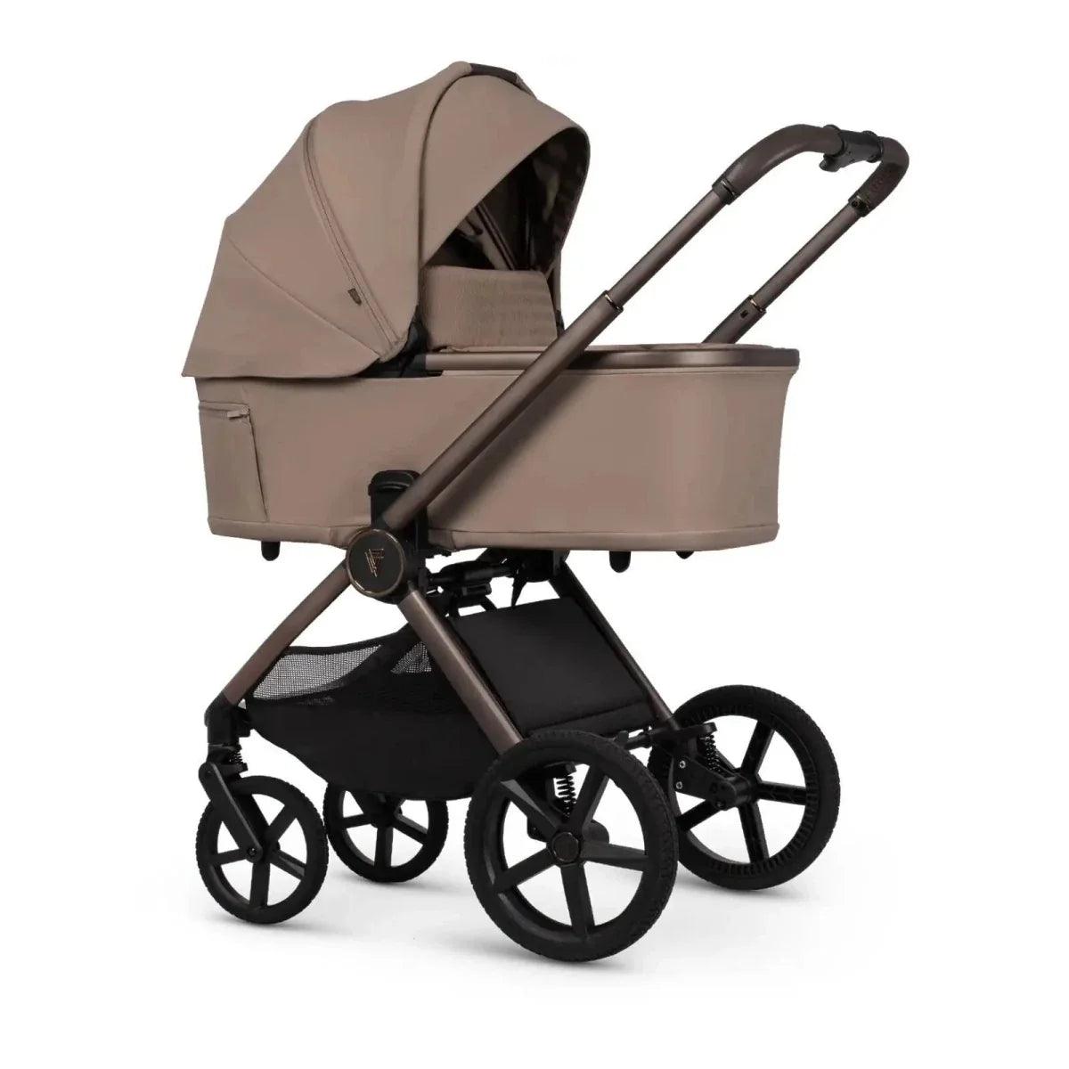 Sand and black stroller with large wheels and canopy, front view