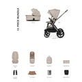 Pebble stroller accessory set with seat unit liner, footmuff, backpack, and covers