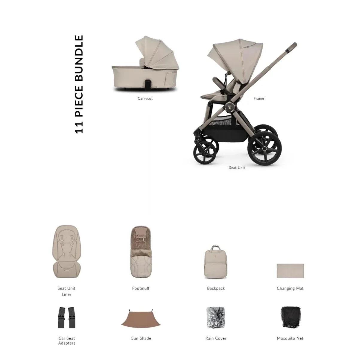 Pebble stroller accessory set with seat unit liner, footmuff, backpack, and covers