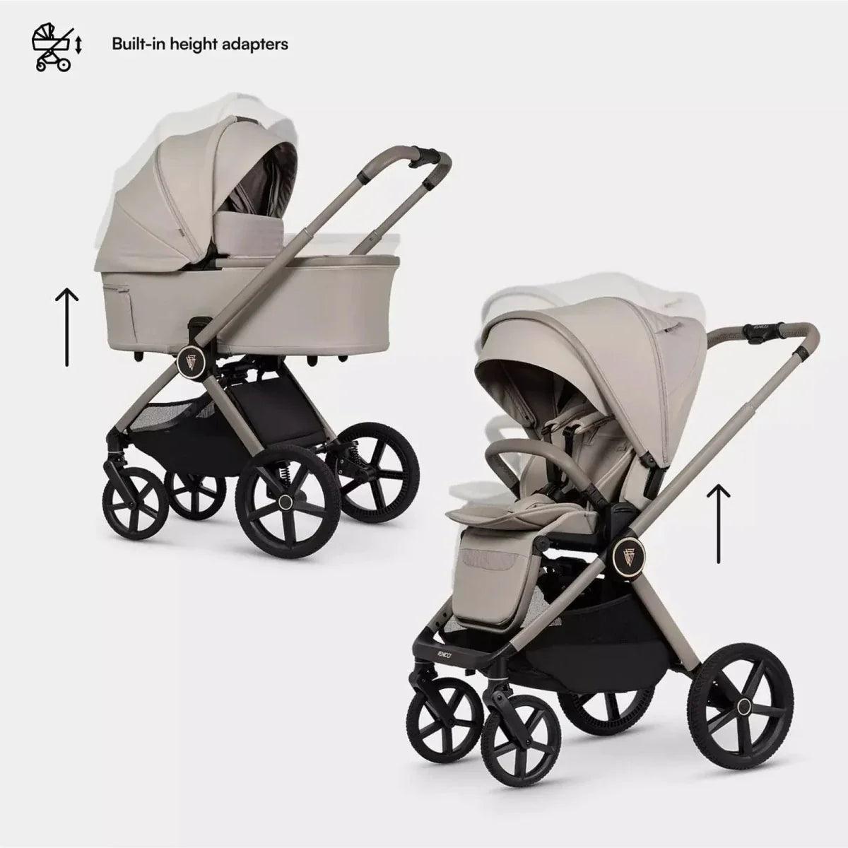 Pebble stroller with height adapters shown in side-by-side views and stroller angles