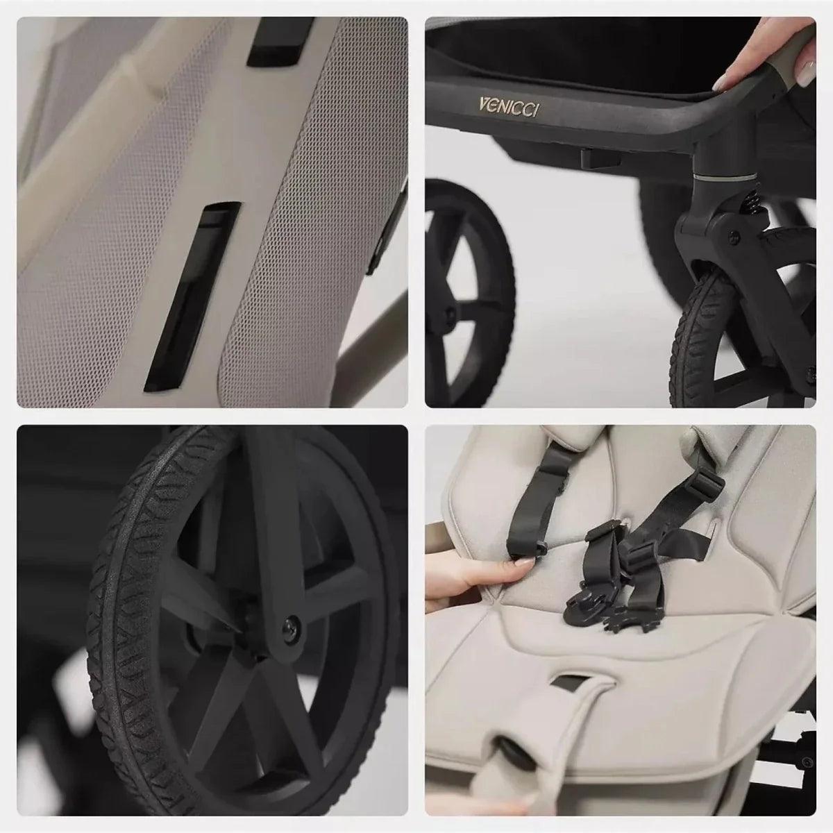 Stroller seat harness straps and front wheel close-up, pebble