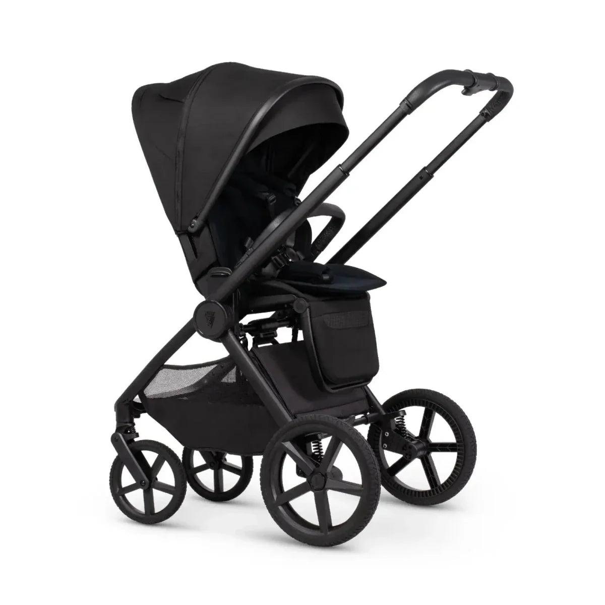 Black stroller seat unit with canopy, footrest, and wheels