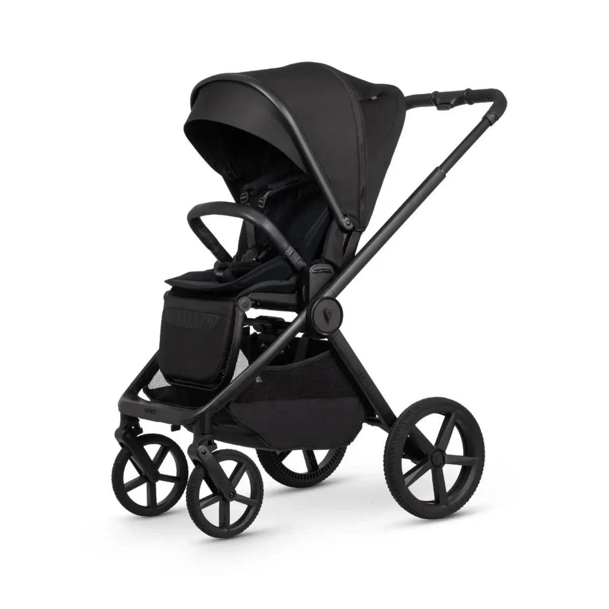 Black stroller seat unit with canopy and included storage bag