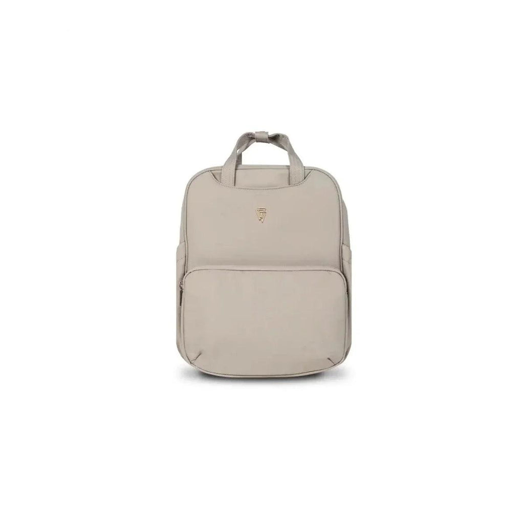 Beige stroller backpack with top handle and front pocket