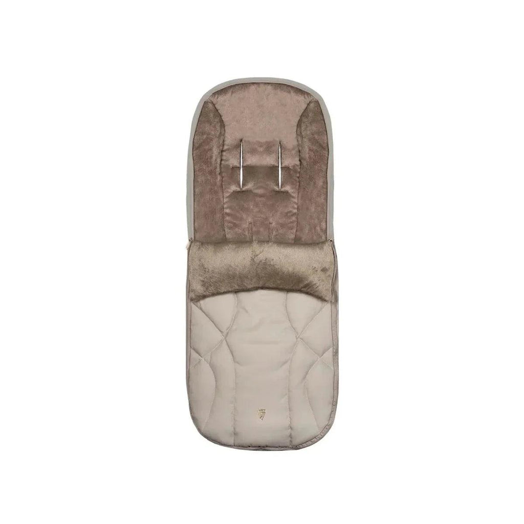 Beige and brown padded stroller footmuff with snap openings