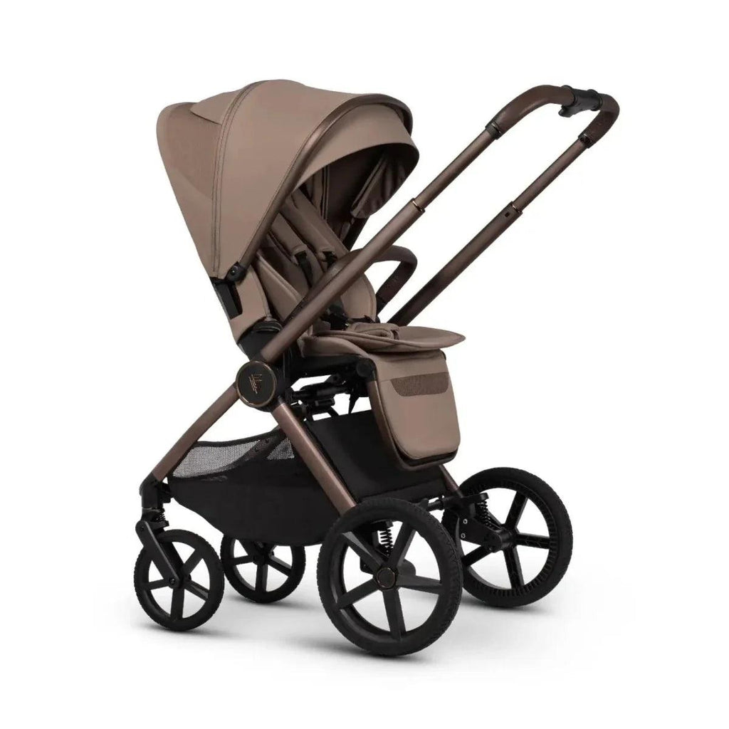 Beige stroller seat with canopy, brown handlebar, and black base panel