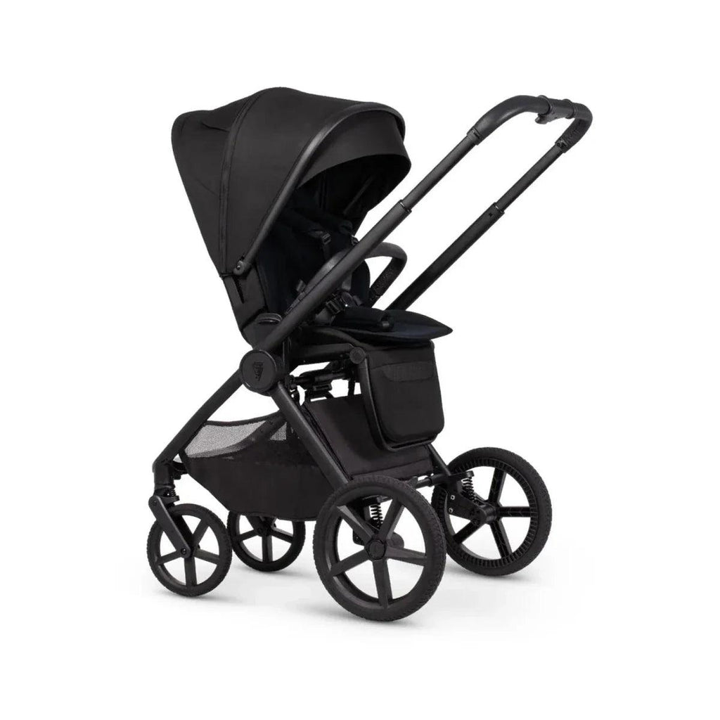 Black stroller seat with canopy and front wheel assembly