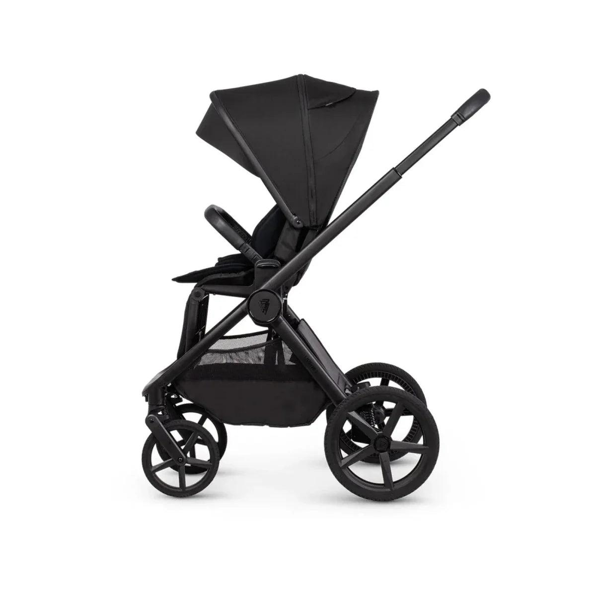 Black stroller seat unit with canopy and four-wheel frame