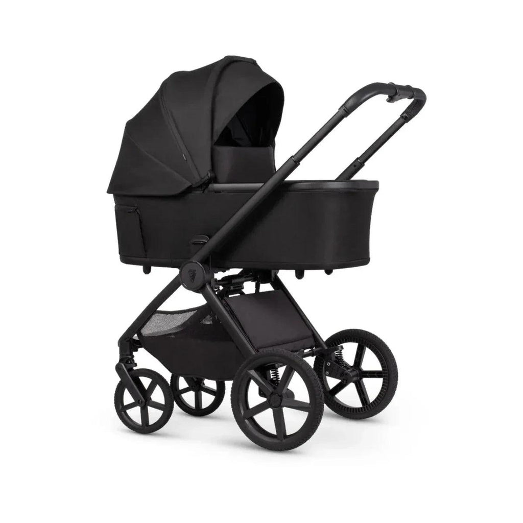 Black stroller carry seat with canopy, storage basket, and wheels