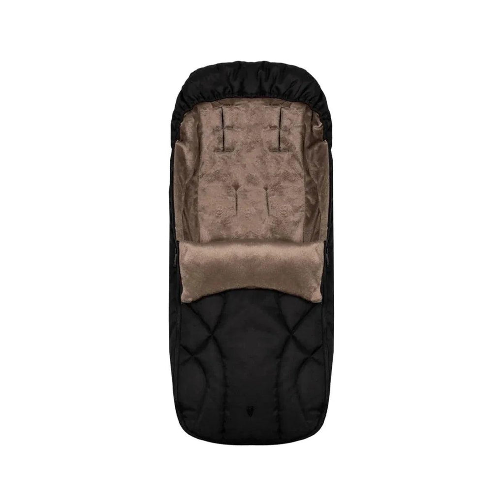 Black and tan footmuff with quilted pattern and zip top