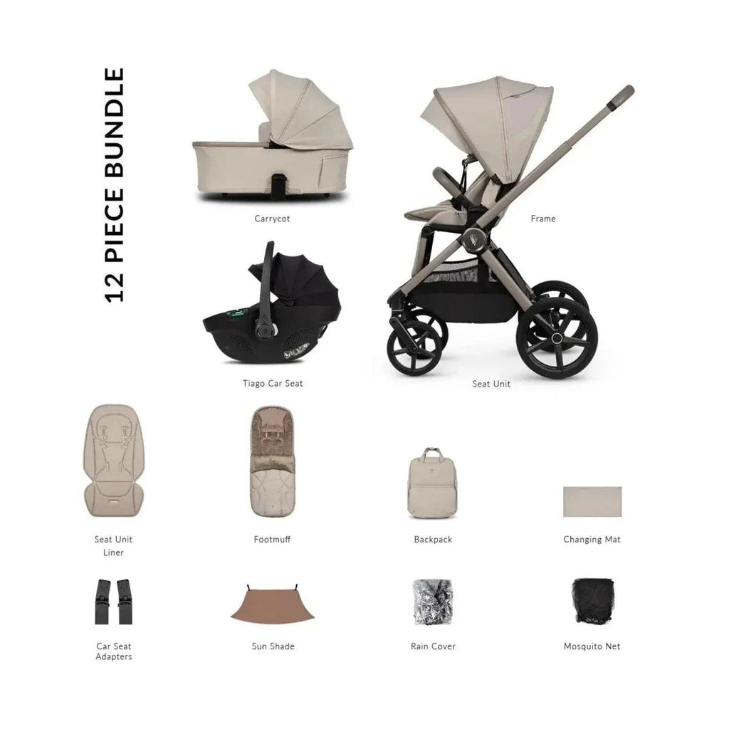 12-piece stroller comfort bundle set with black and pebble pushchair and accessories