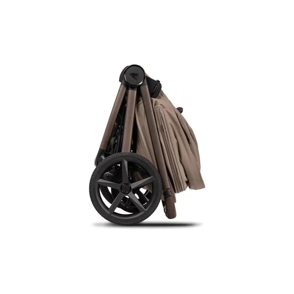 3-in-1 stroller seat with sand fabric, black wheels, and foldable canopy