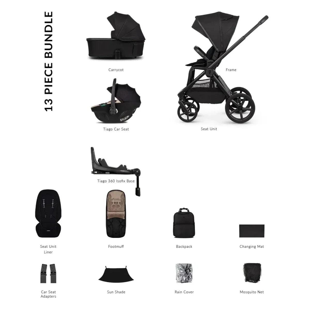 4-in-1 stroller bundle with carrycot, seat unit, footmuff, and travel accessories