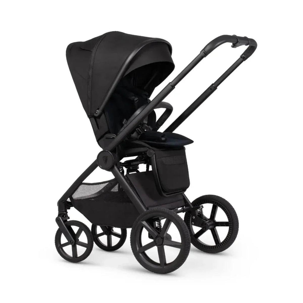 Black stroller with seat unit, canopy, footrest, and storage basket