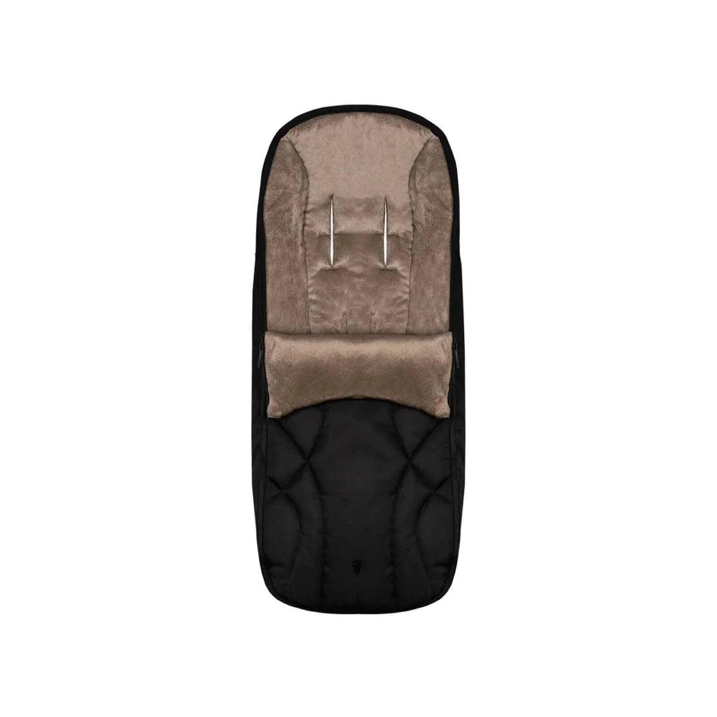 Beige-and-black footmuff with padded top and quilted lower panel