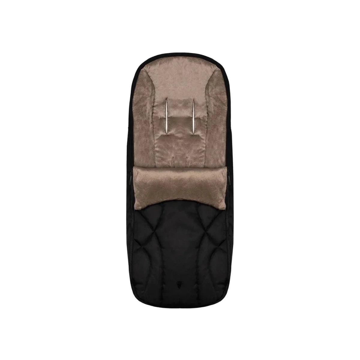 Beige-and-black footmuff with padded top and quilted lower panel