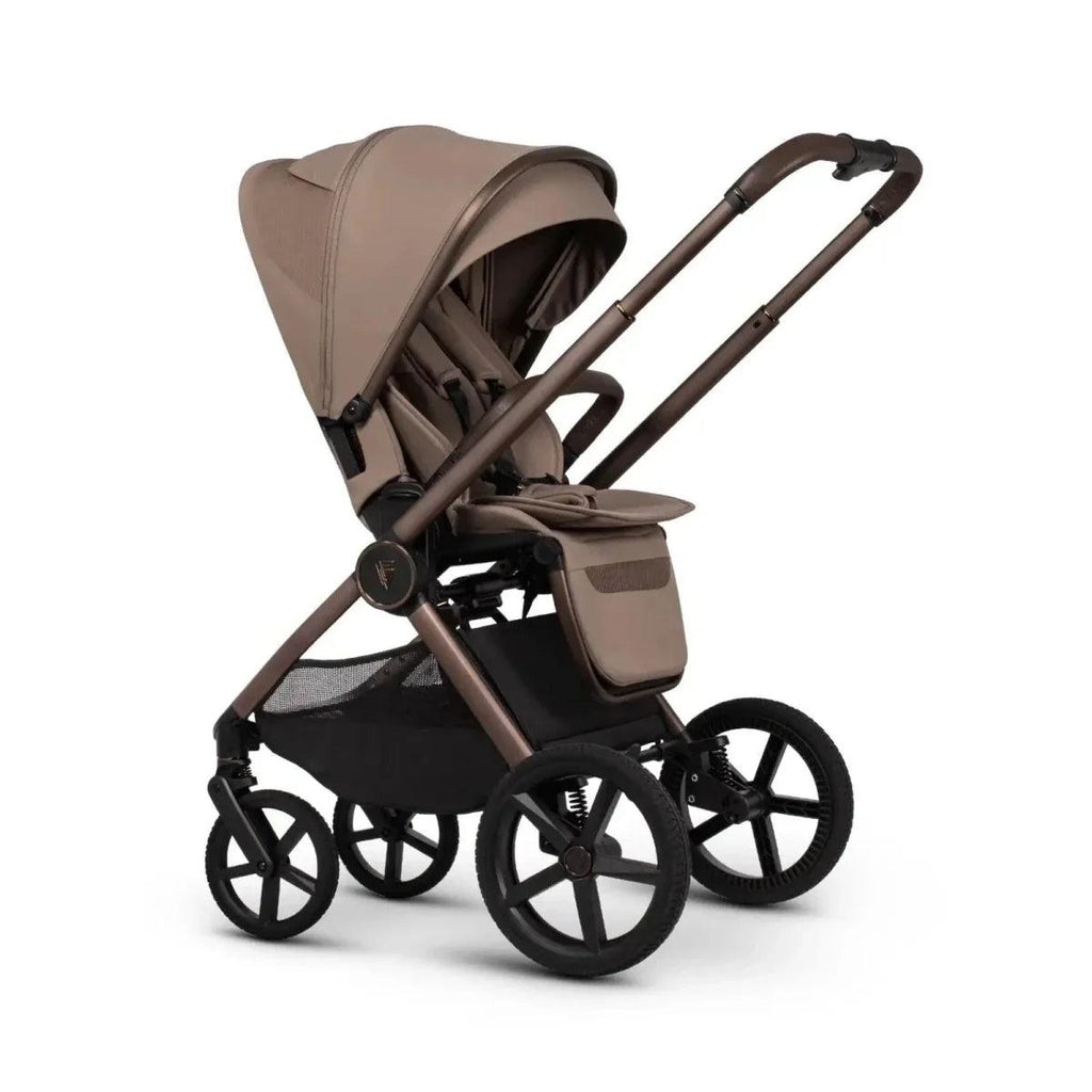 Beige stroller seat unit with canopy and black wheels, front 3/4 view