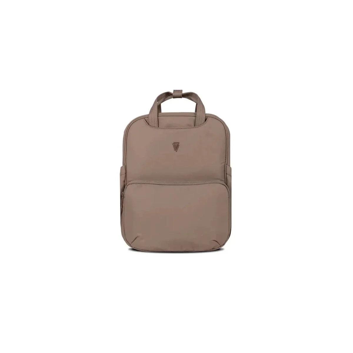 Beige stroller backpack with top handle and front logo panel