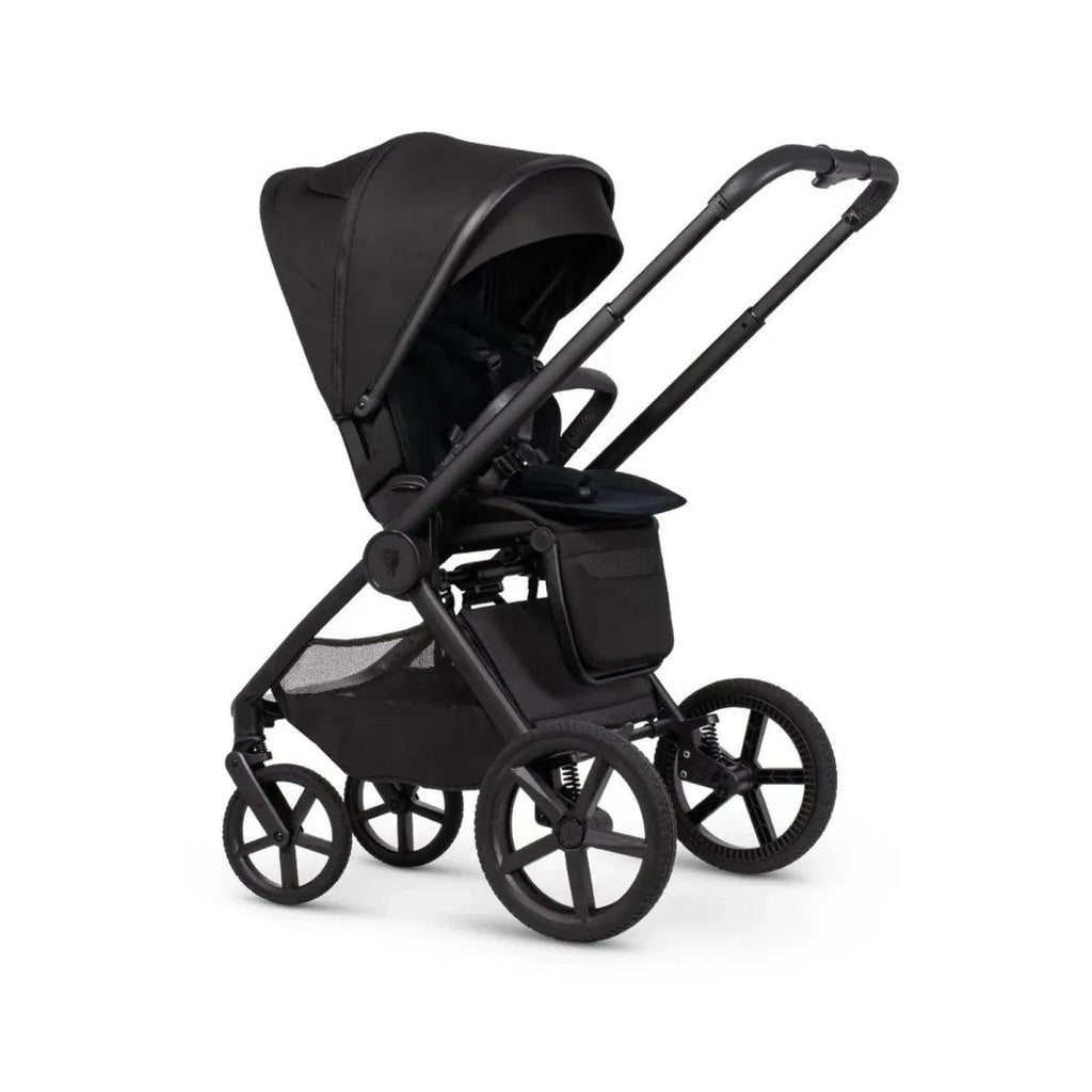 Black stroller with canopy, seat unit, five-point harness, and large multi-wheel frame
