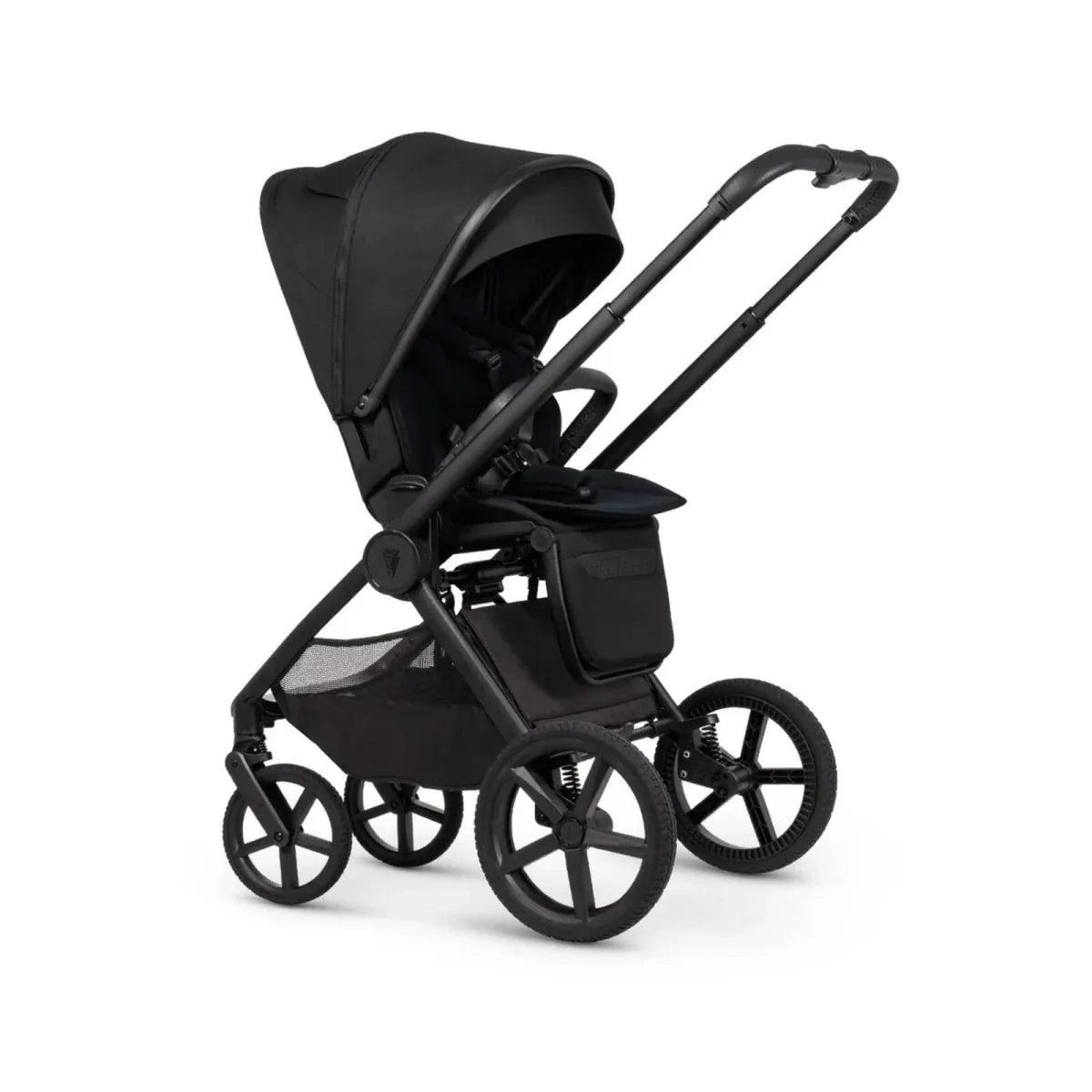 Black stroller with canopy, seat unit, five-point harness, and large multi-wheel frame