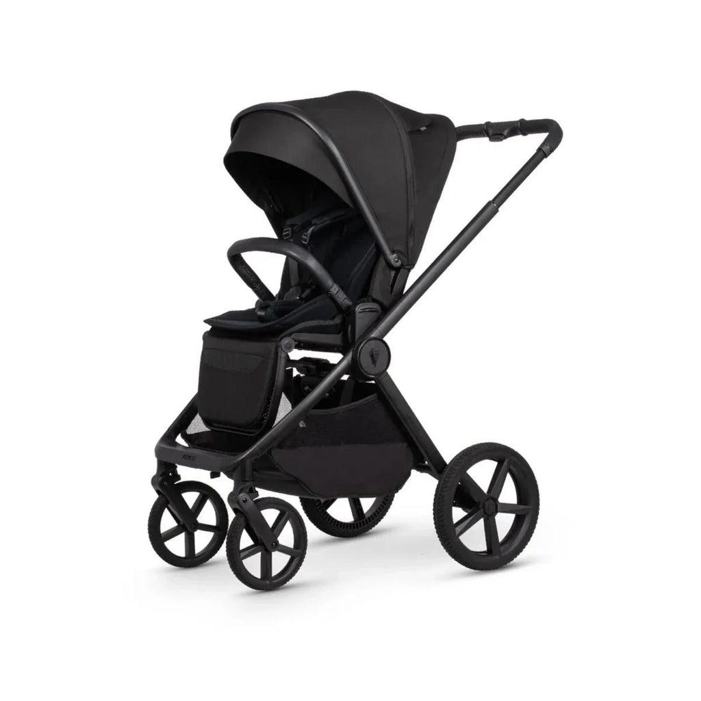 Black stroller with canopy, accessory bag, and storage tray, shown three-quarter view