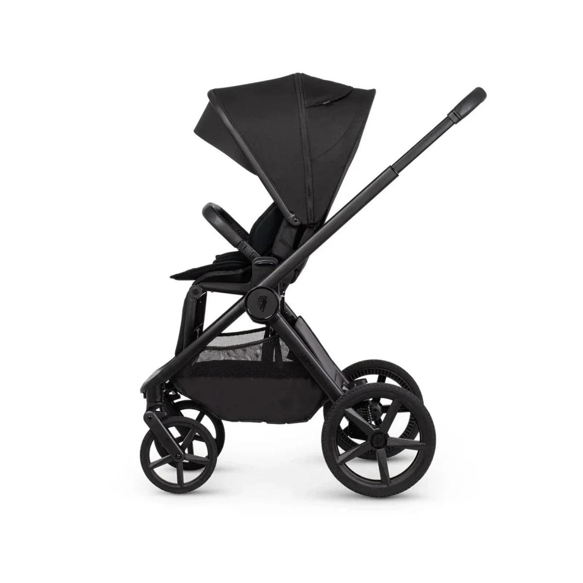 Black stroller with canopy and front accessory tray, side view with large wheel hubs