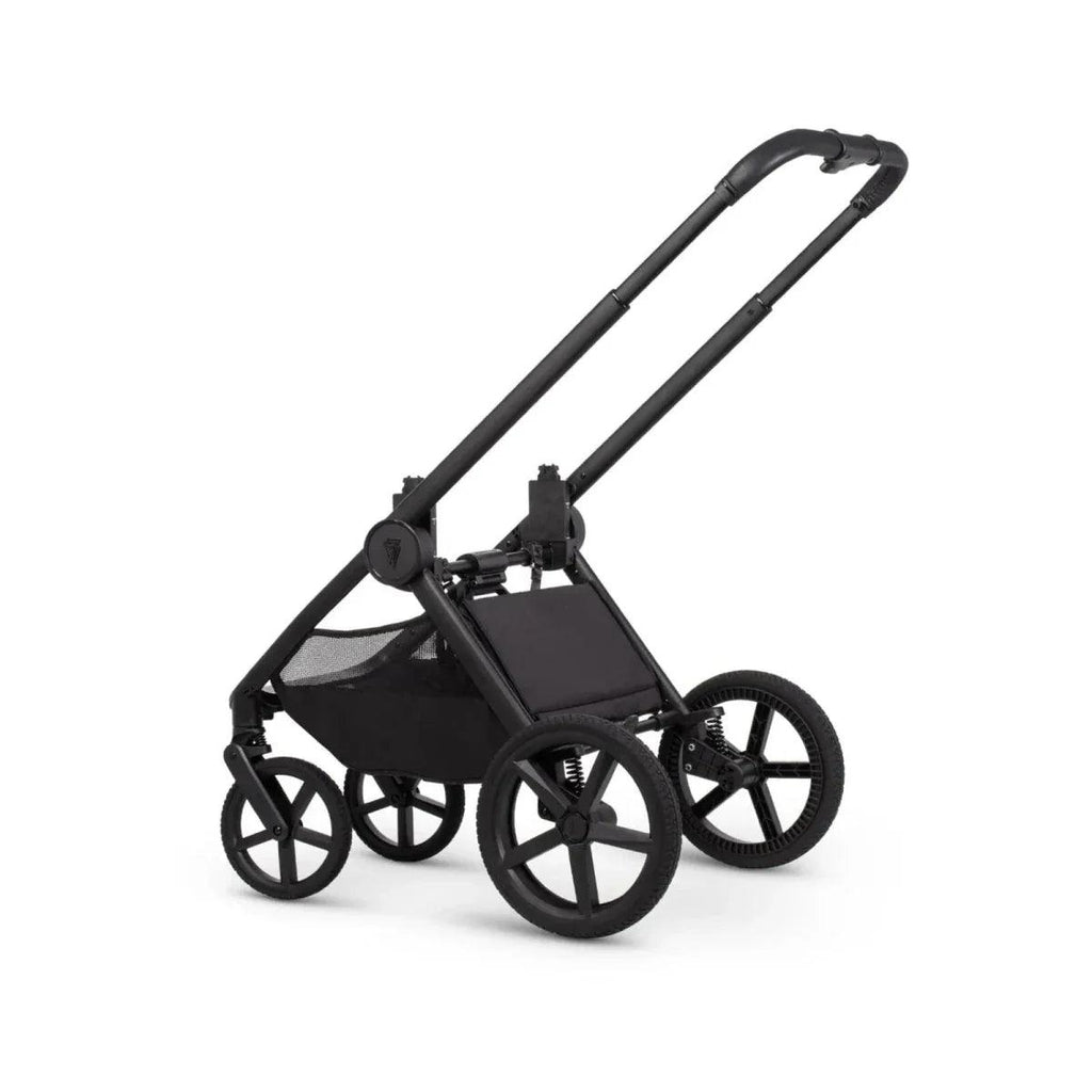 Black stroller frame with canopy struts, wheels, and seat unit attached
