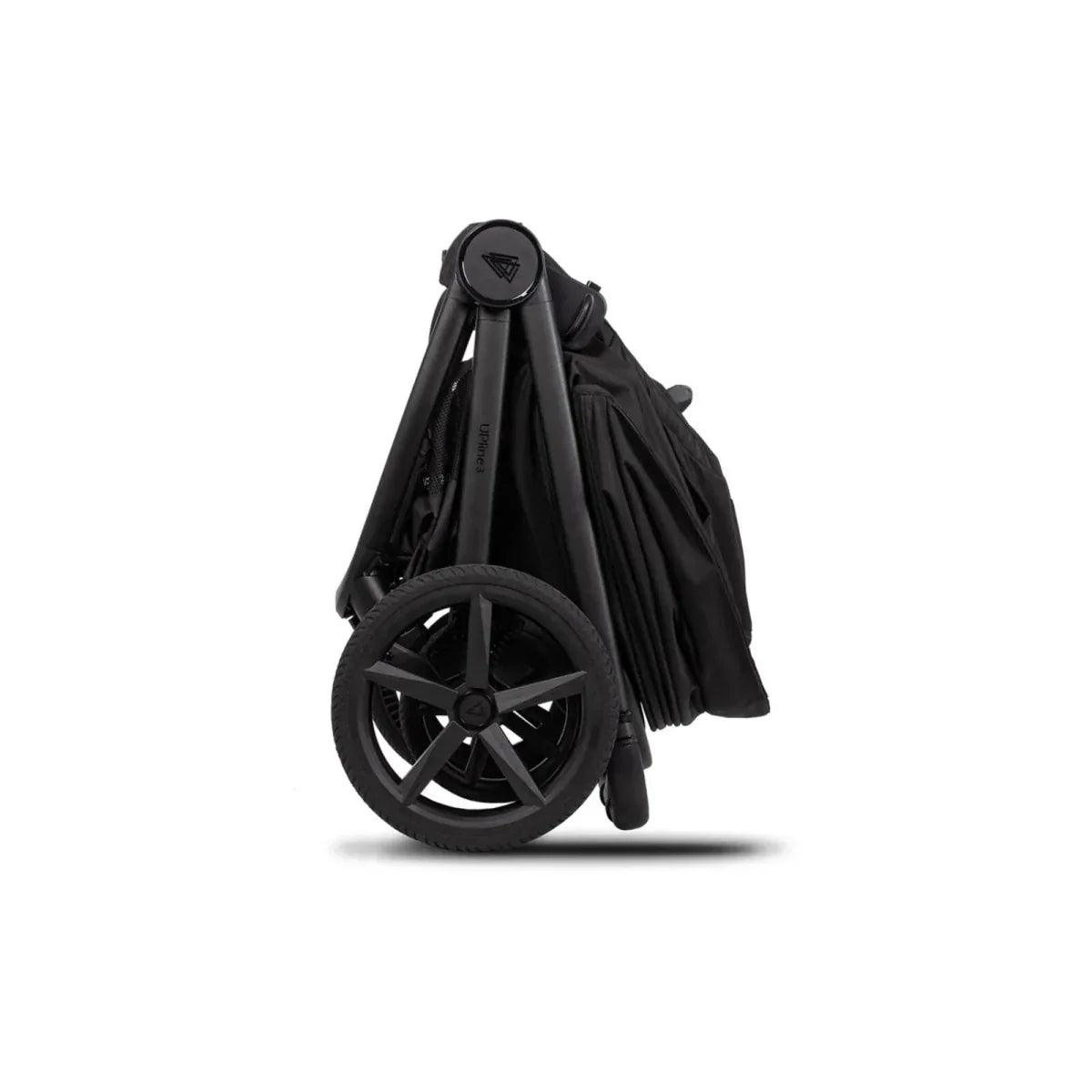 Black stroller frame with front wheel set and folded side fabric panels