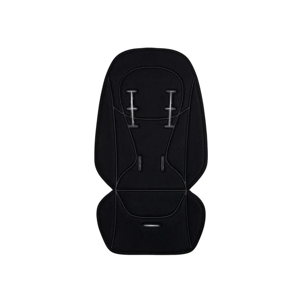 Black stroller seat liner pad with harness cutouts and snap-down front panel