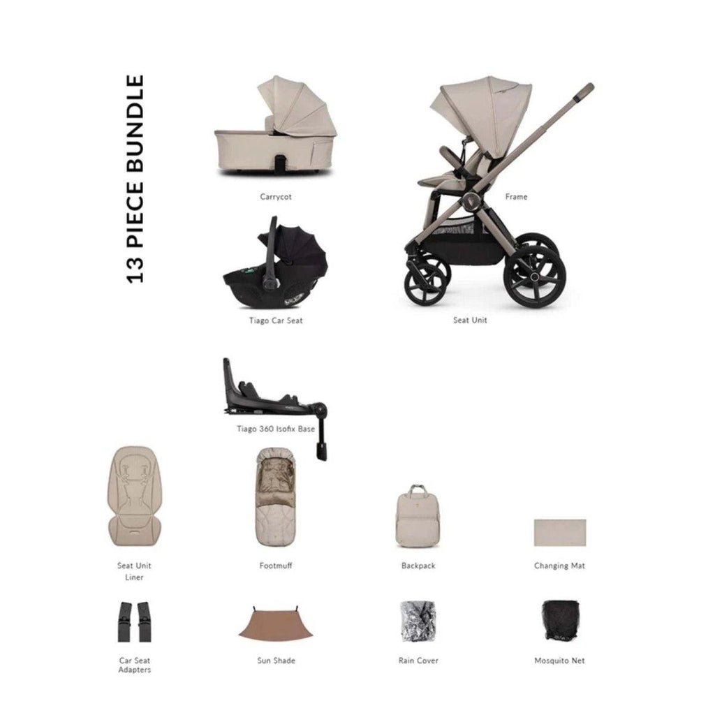 Beige stroller 13-piece bundle with seat, carrycot, and accessory set