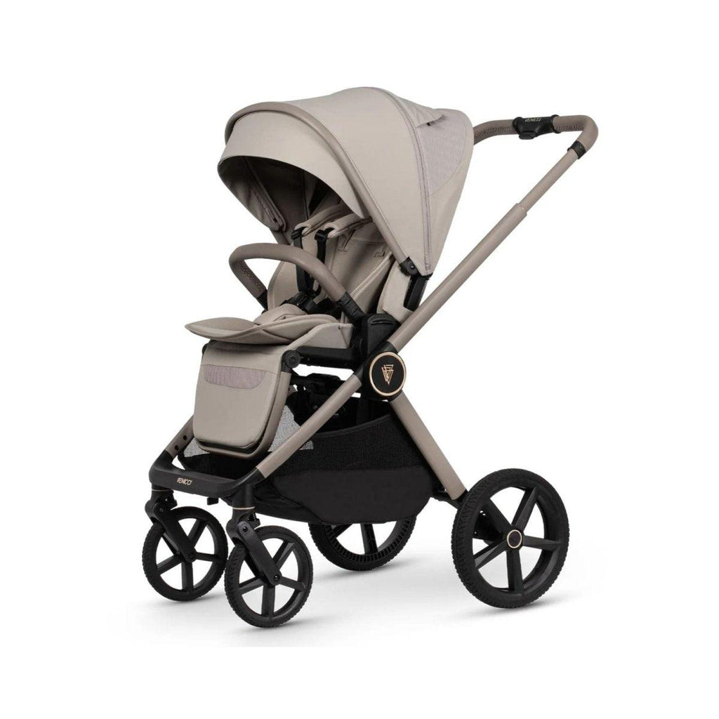 Beige stroller in forward-facing seat with canopy and padded foot area