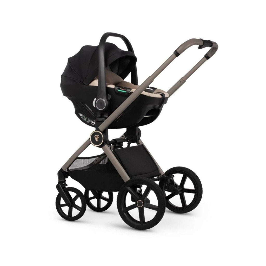 Black stroller seat with canopy and padded panel, light frame and black wheels